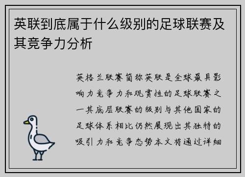 英联到底属于什么级别的足球联赛及其竞争力分析