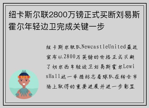 纽卡斯尔联2800万镑正式买断刘易斯霍尔年轻边卫完成关键一步